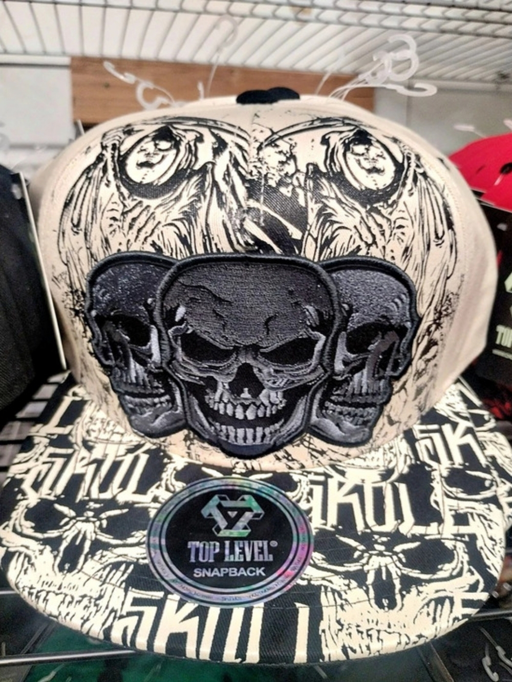 Top Level Front-raised Three Skulls Embroidery with Trippy Skull Print Halloween